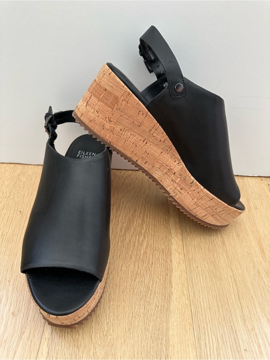 Eileen Fisher Shoes - Eileen Fisher Black Leather Cork Platform Wedges